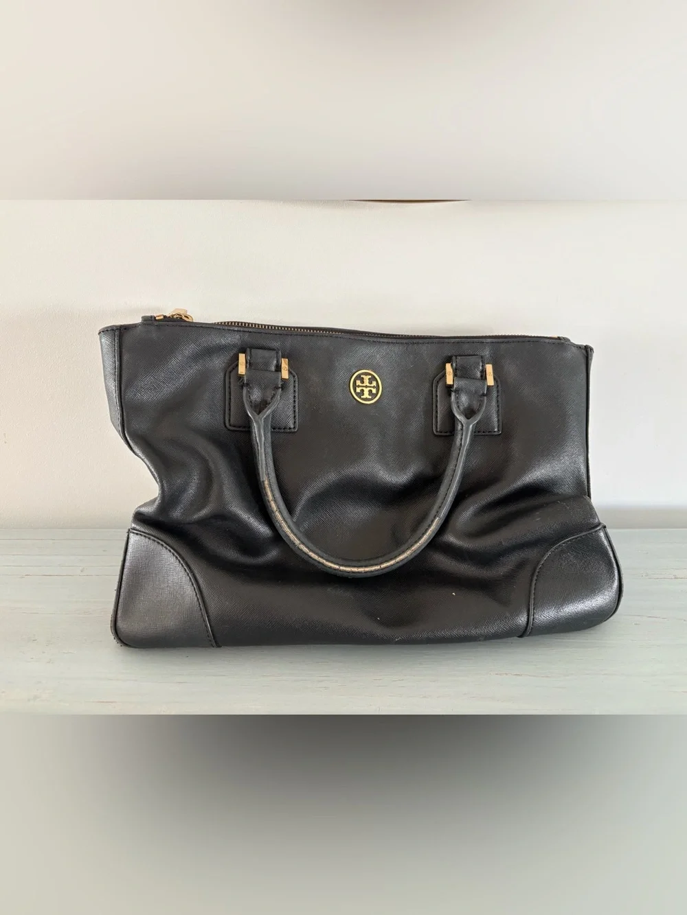 Tory Burch Black Leather Satchel with Gold Hardware